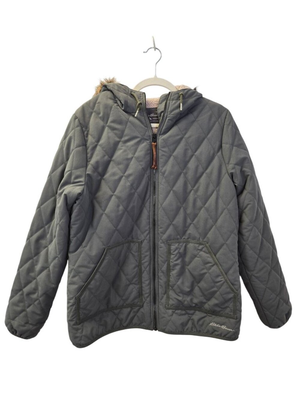 Eddie Bauer Sherpa Lined Faux Fur Trim Quilted Jacket Size Large